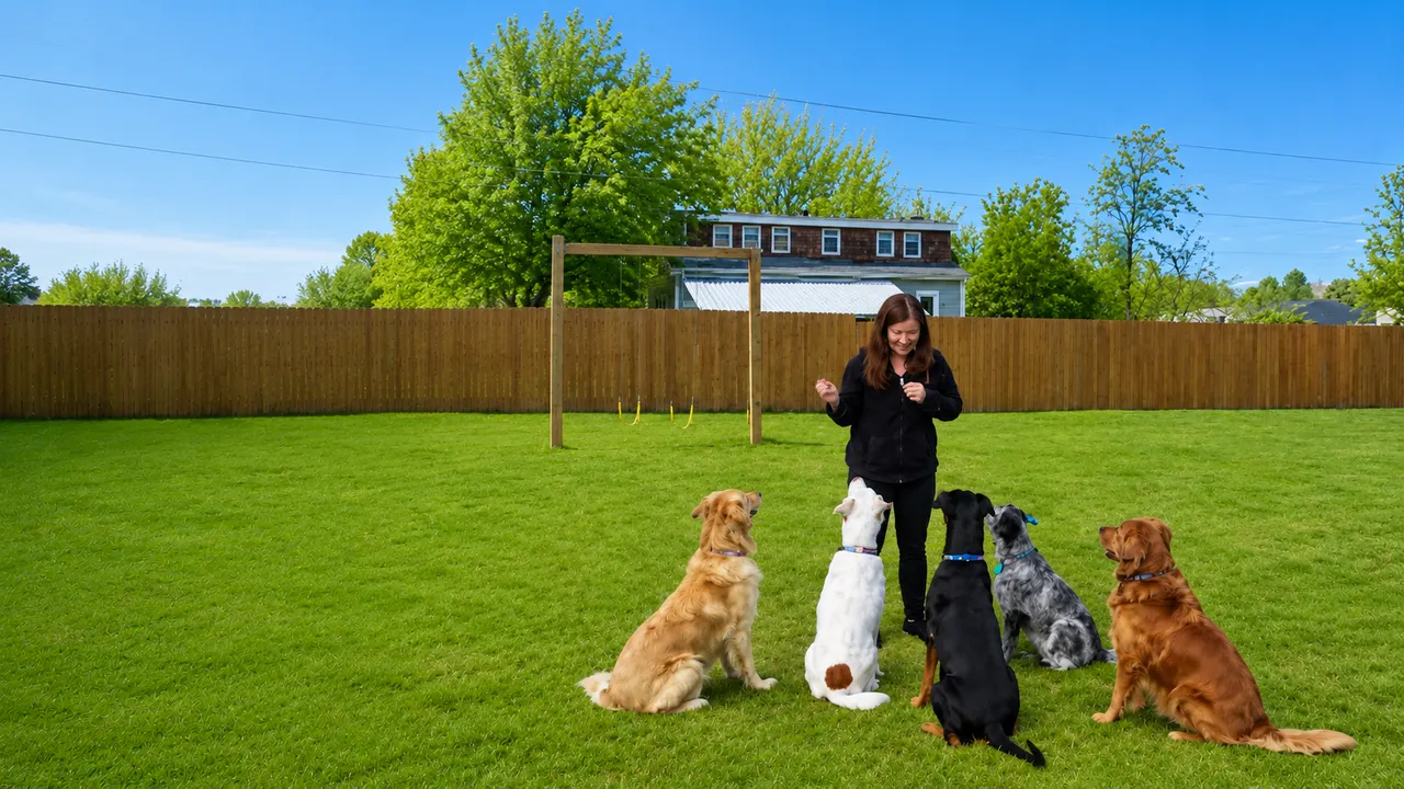 Carol Duvall training four dogs outdoors